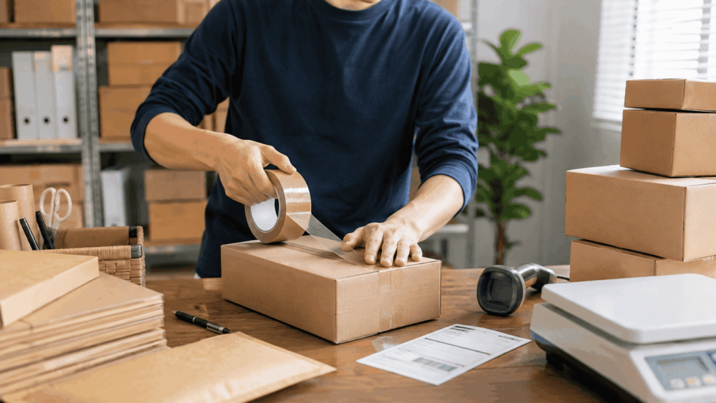 Amazonせどりの商品を梱包する作業風景