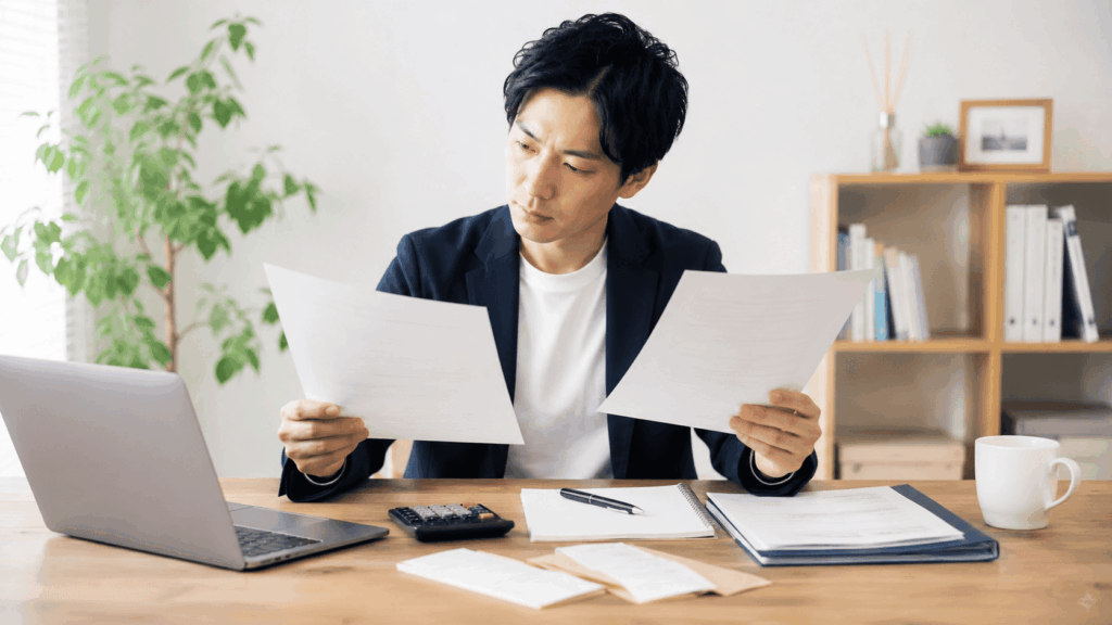 青色申告と白色申告の書類を比較するコンサルタント