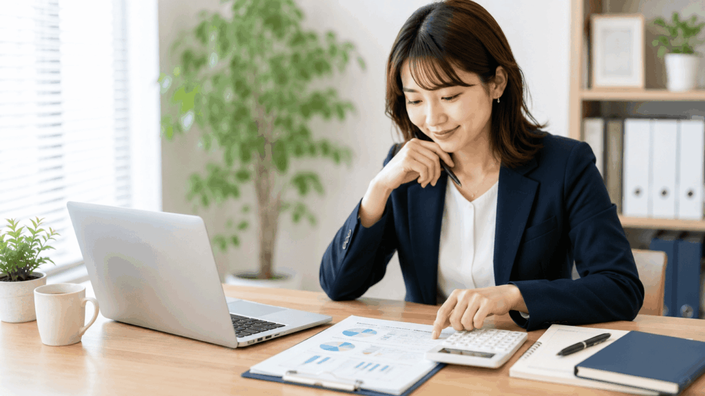 パソコンと資料を使って事業のお金を管理するコンサルタント