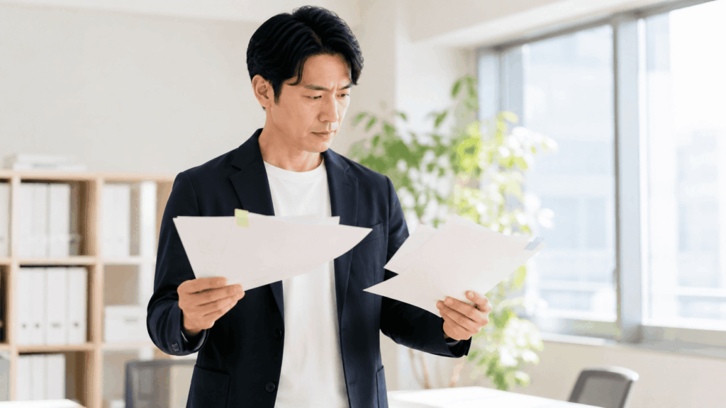 事業内容の書類を確認するコンサルタント