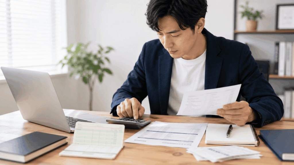 請求書を見ながら源泉徴収税額を計算するコンサルタント
