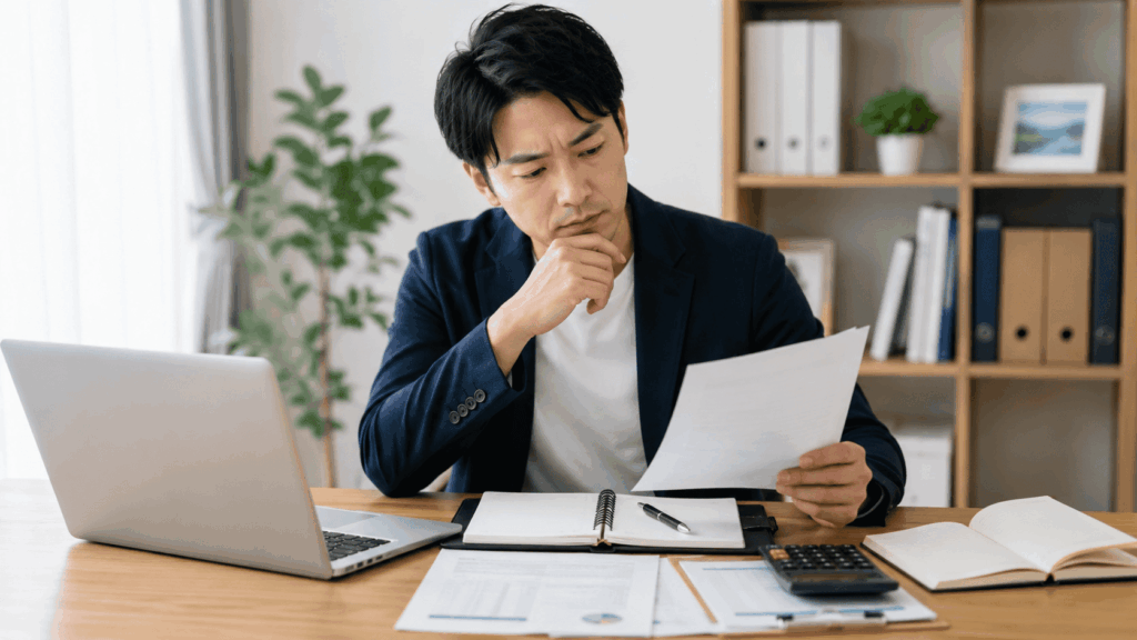 契約書を確認しながら売上計上の時期を考えるコンサルタント