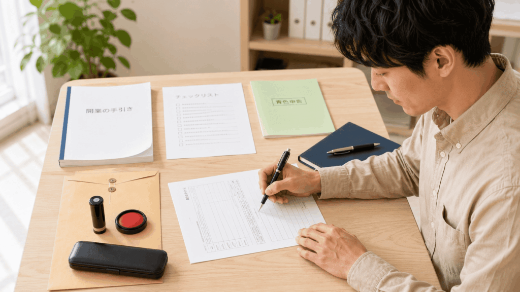開業届の書類に記入するフリーランスエンジニア