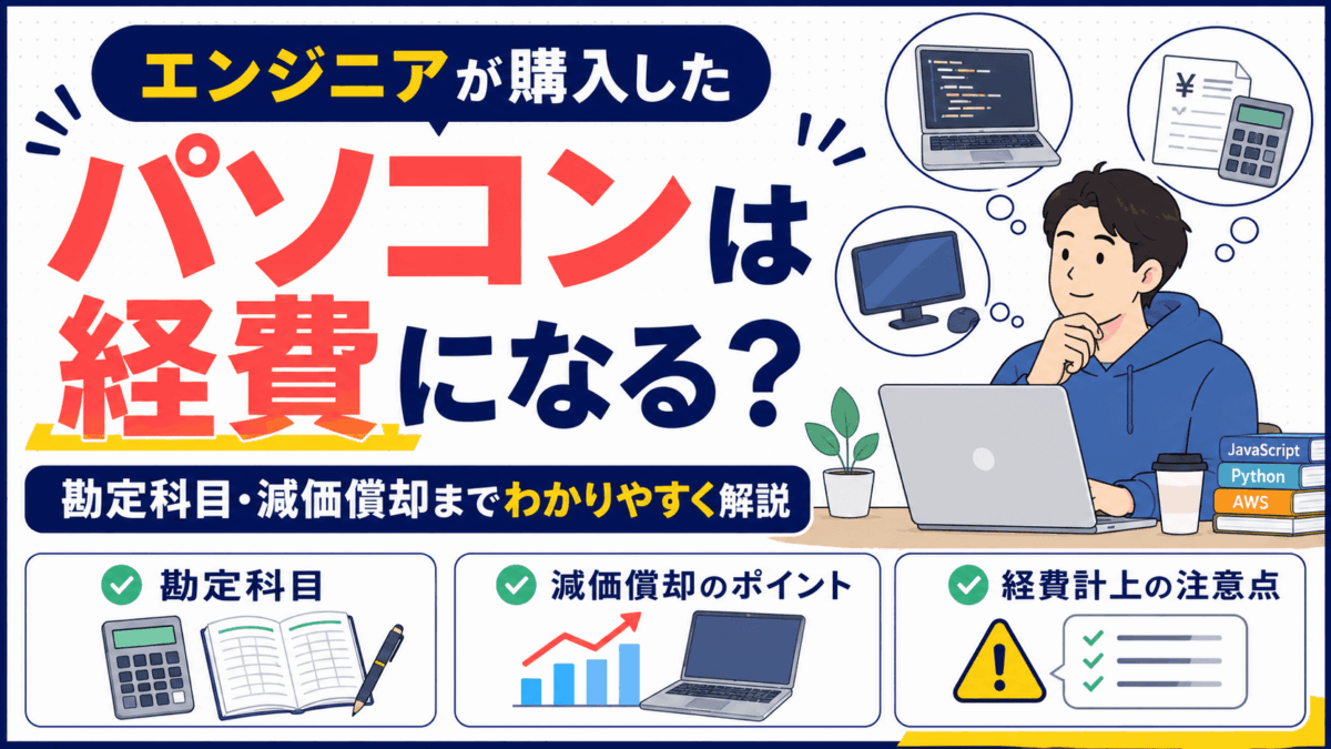 「エンジニアが購入したパソコンは経費になる？勘定科目や減価償却も解説」を解説するアイキャッチ画像