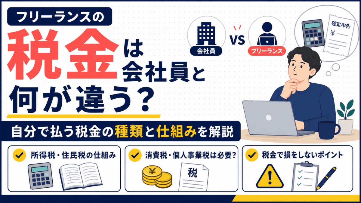 フリーランスと会社員の税金の違いを解説するイラスト