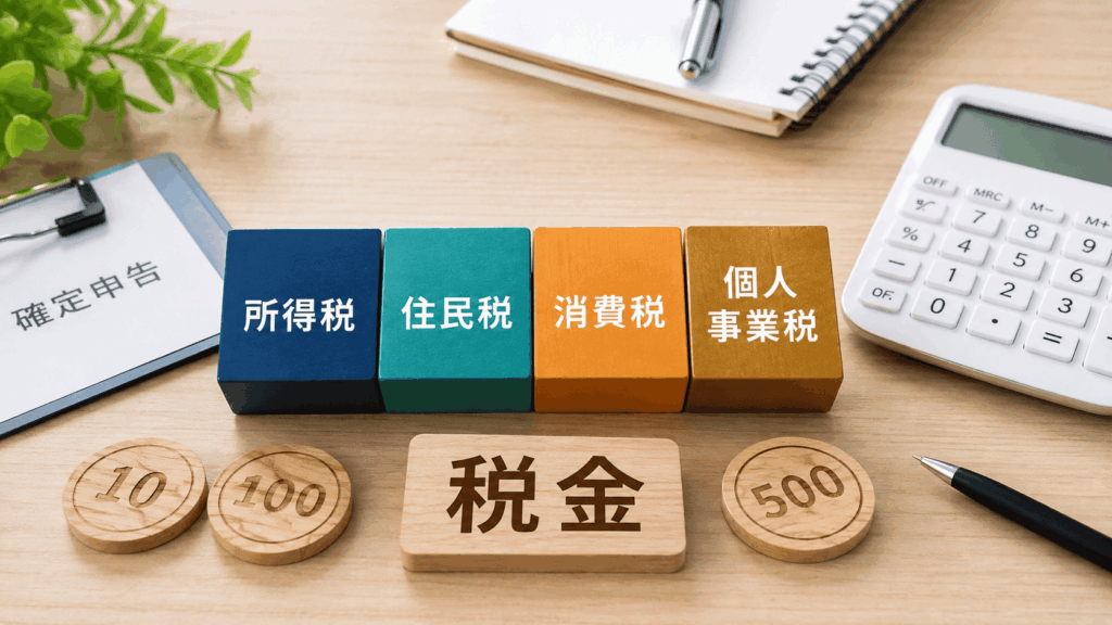 領収書と帳簿を並べて税金を整理するフリーランスの机