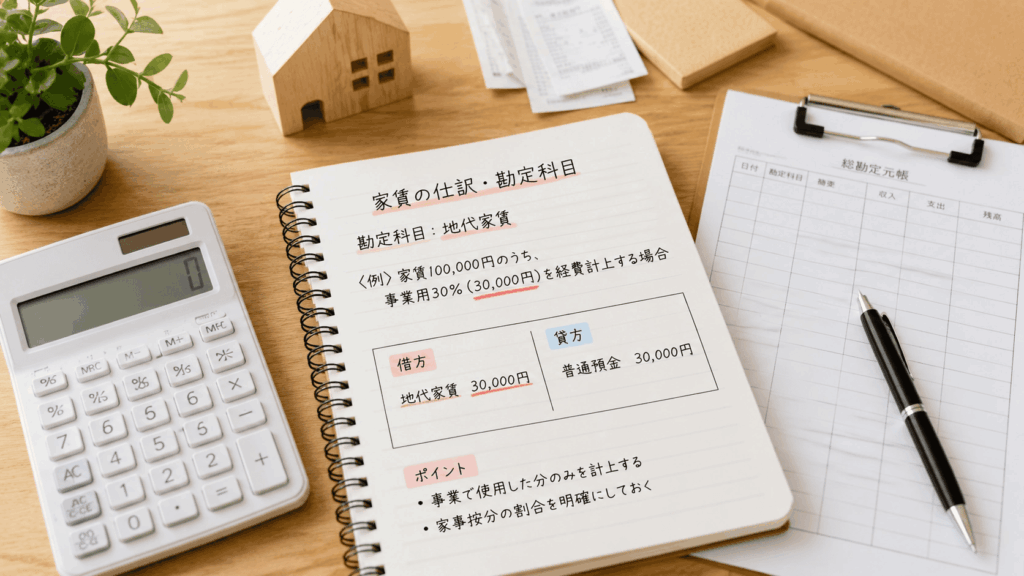 家賃の仕訳例と家事按分の計算資料が並ぶ机