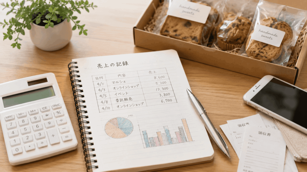 手作り菓子の売上を帳簿に記録するためのノートと電卓