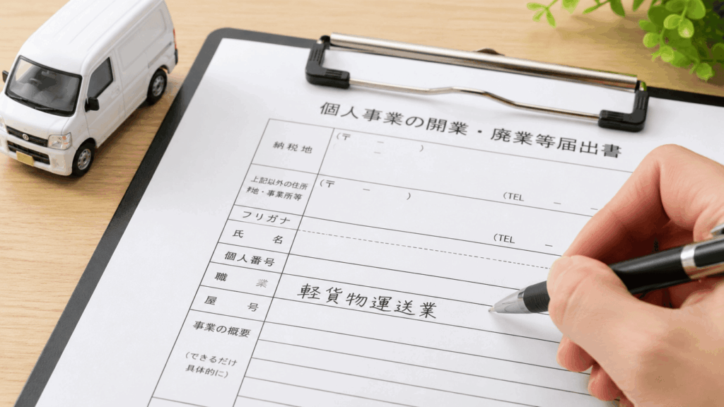 軽貨物運送業と記入した開業届を書く手元