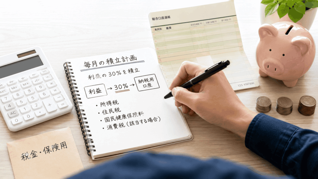 税金や保険料の積立計画をノートにまとめる手元