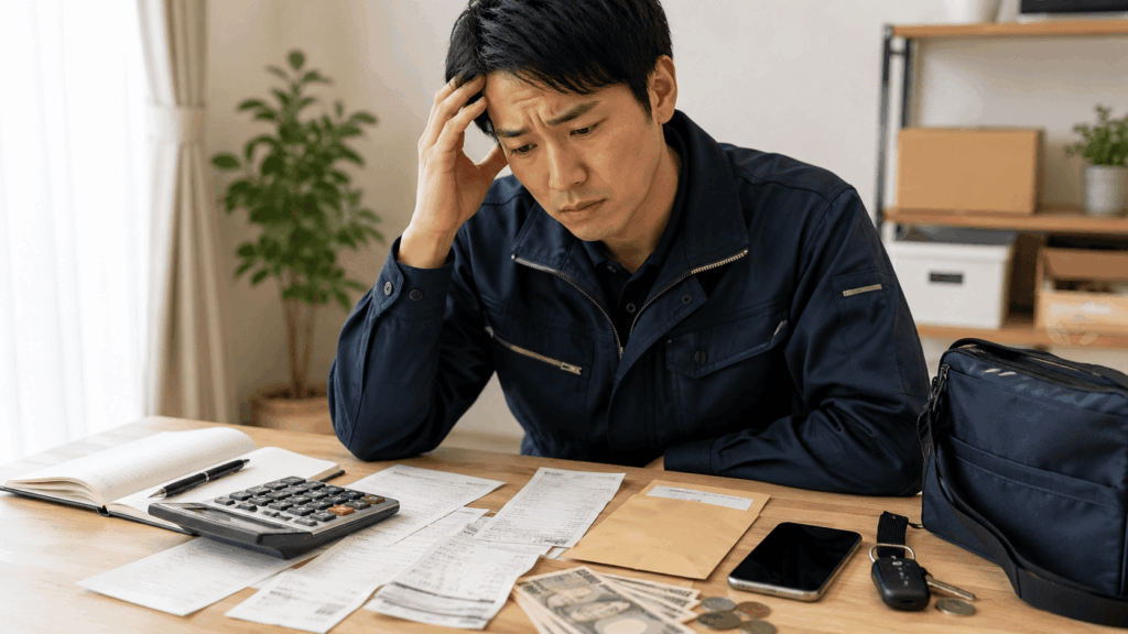 領収書を前に無申告の対応に悩む軽貨物ドライバー
