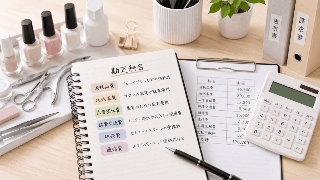 ネイル用品のそばで経費の勘定科目を整理したノート