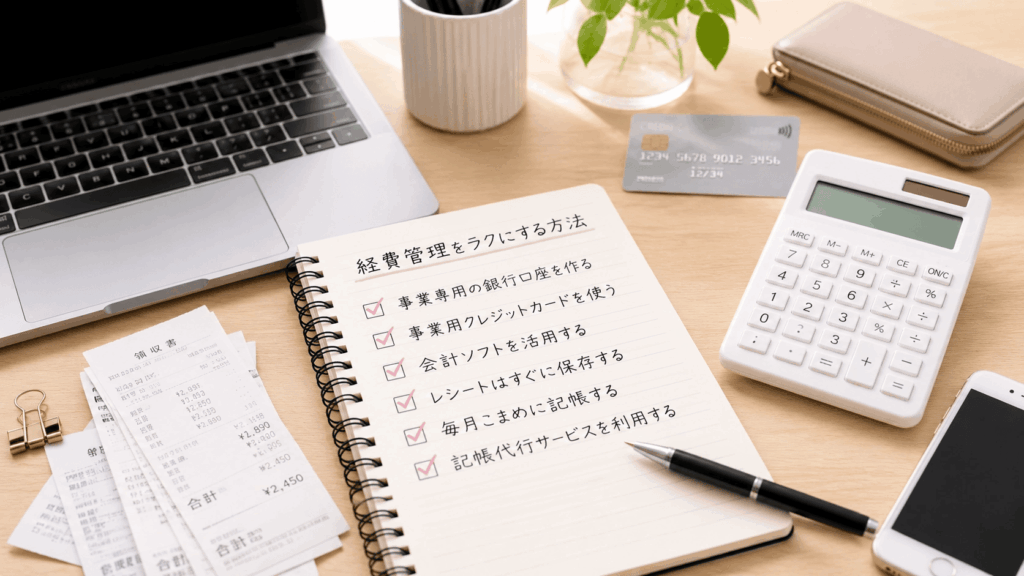 領収書とチェックリストを使って経費を管理する机