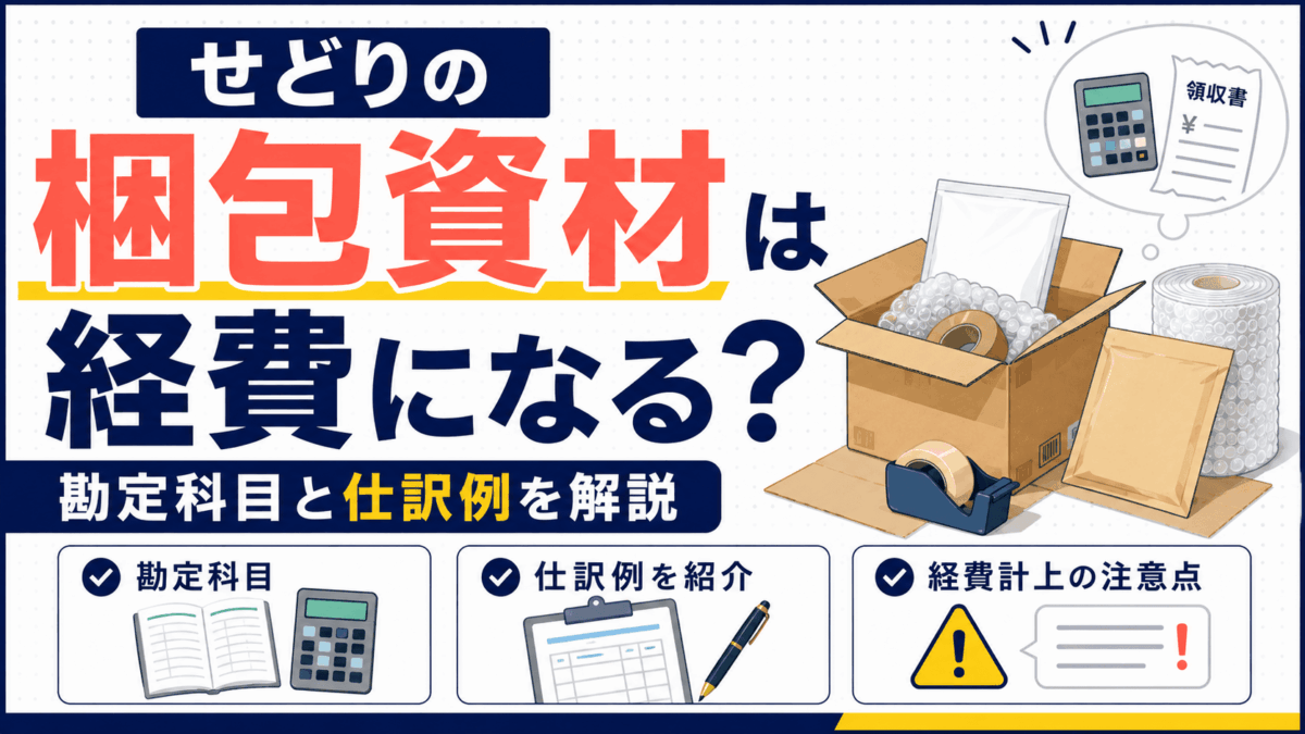 「せどりの梱包資材は経費になる?勘定科目と仕訳例」を解説するアイキャッチ画像