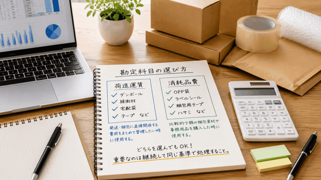 梱包資材の勘定科目をまとめたノートと包装用品