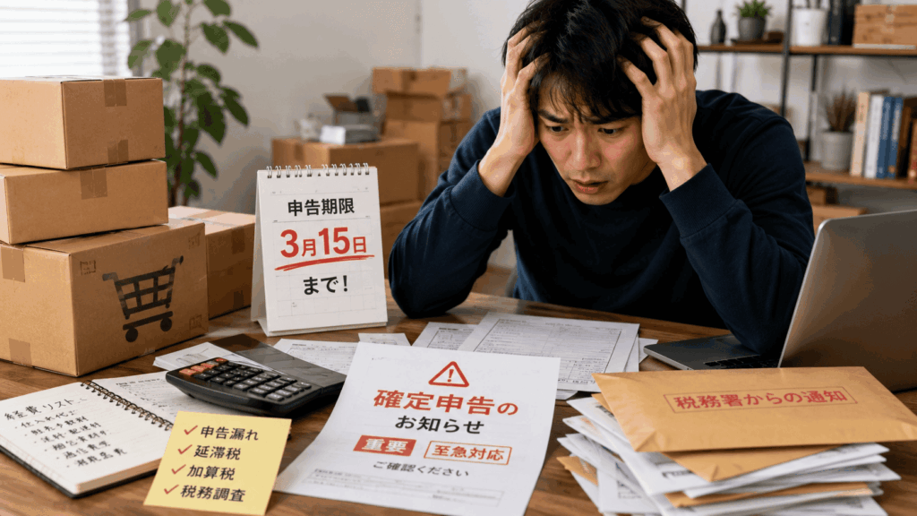 確定申告の期限を前に書類整理に悩むせどり事業者