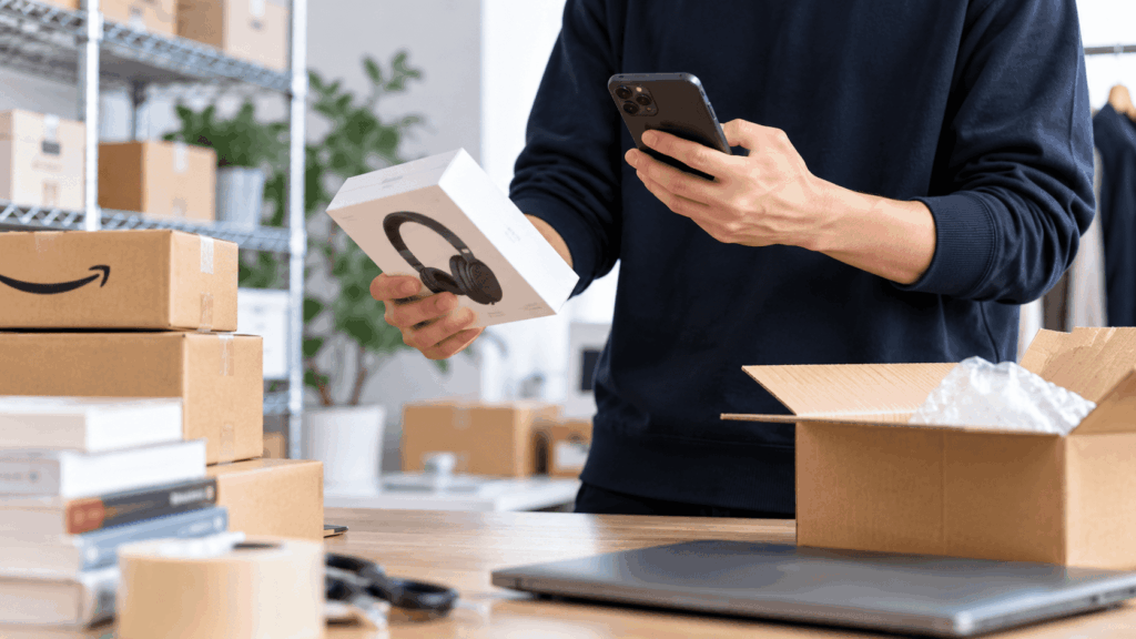 仕入れ商品を確認しながらスマートフォンで管理するせどり事業者