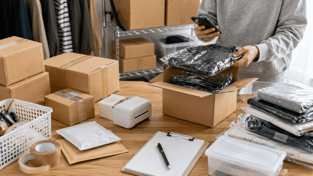 衣料品を梱包しながら在庫を管理する作業風景
