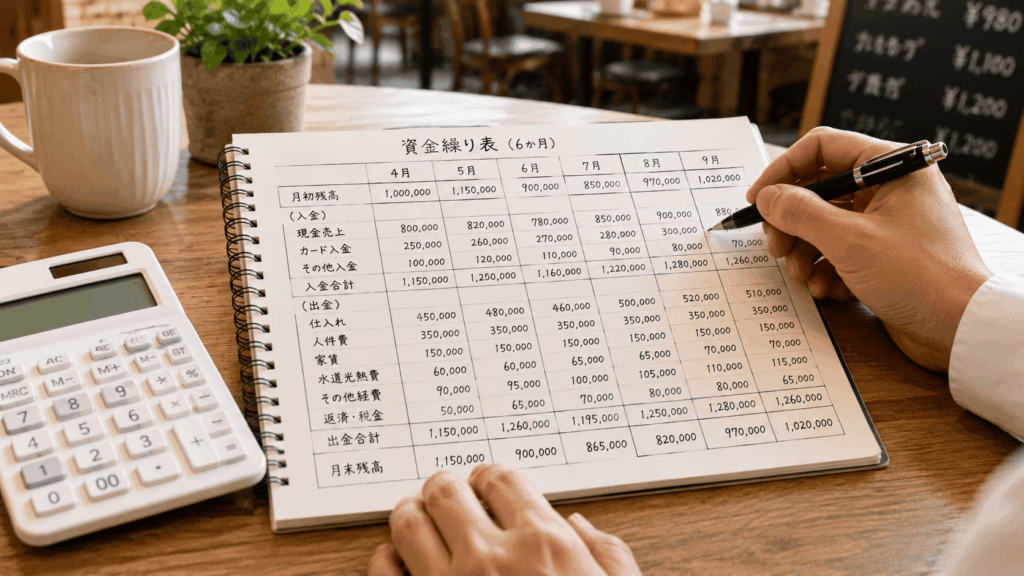 飲食店の資金繰り表に入出金を記入する手元