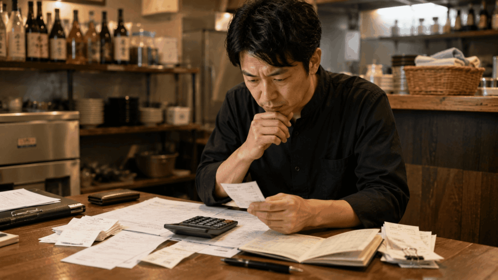 領収書と帳簿を確認する飲食店経営者