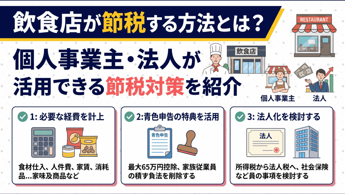 「飲食店が節税する方法とは?個人事業主・法人が活用できる節税対策」を解説するアイキャッチ画像