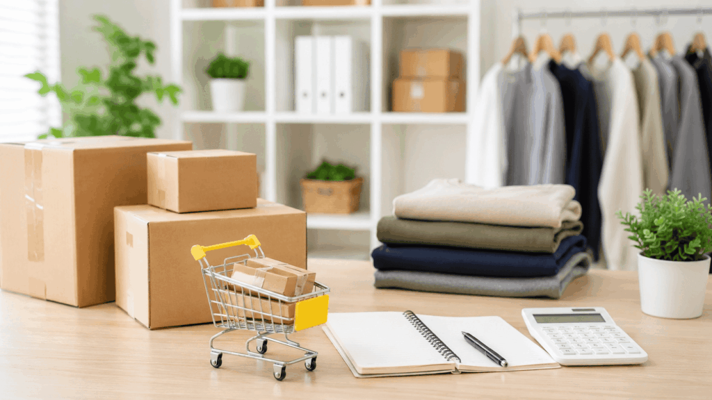 物販の商品と段ボールを並べた事業スペース
