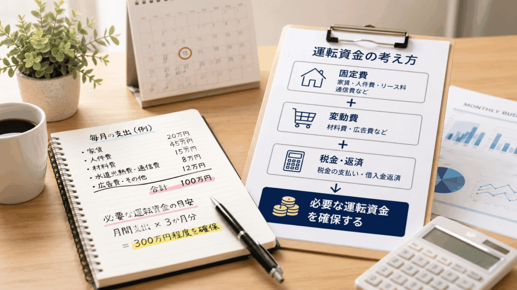 美容室の毎月の支出と必要な運転資金をまとめたノート