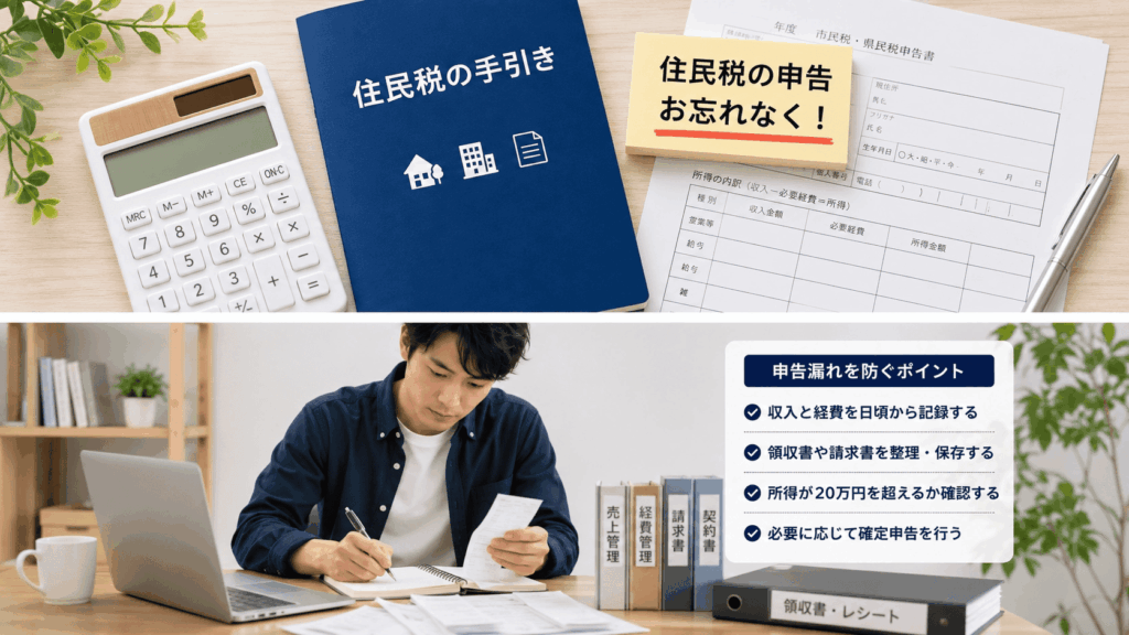 住民税の申告書類と領収書を整理する副業エンジニア