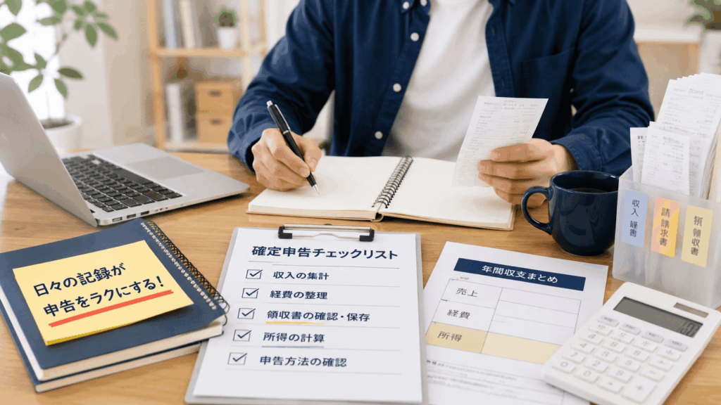 確定申告のチェックリストと日々の記録をまとめた机
