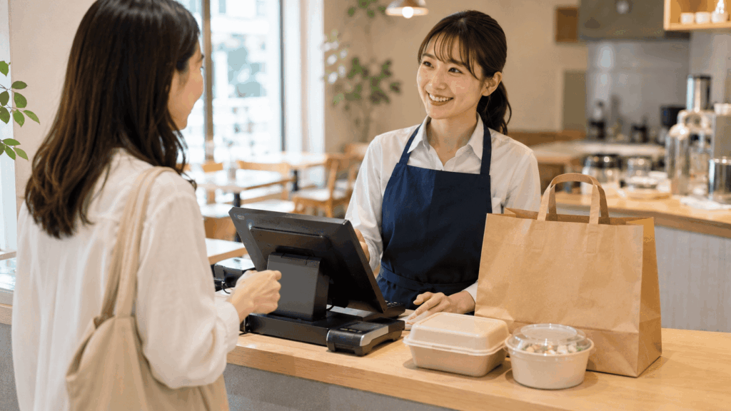飲食店でテイクアウト商品を会計する店員と客