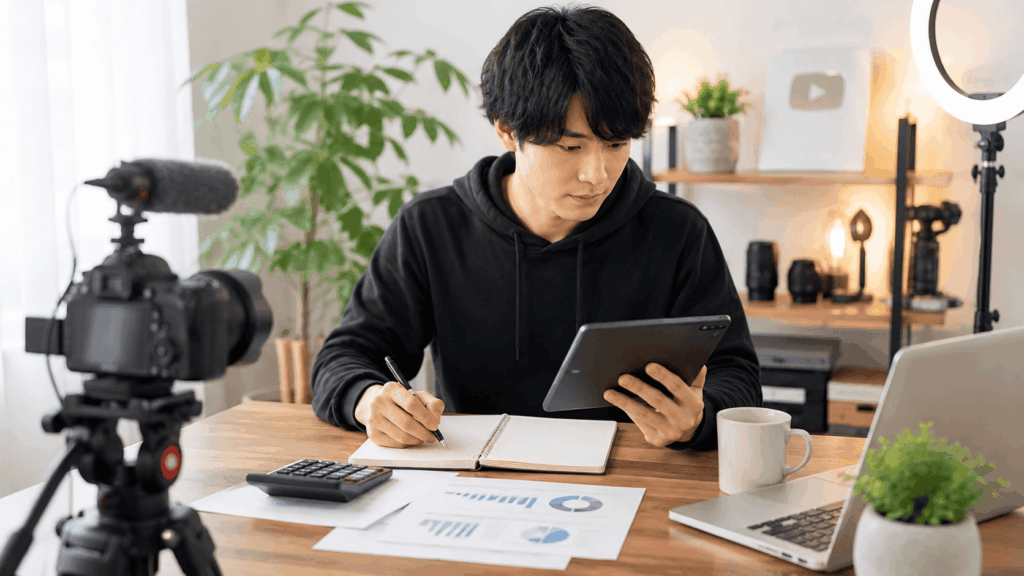 撮影機材の前でYouTube収益を記帳する動画クリエイター