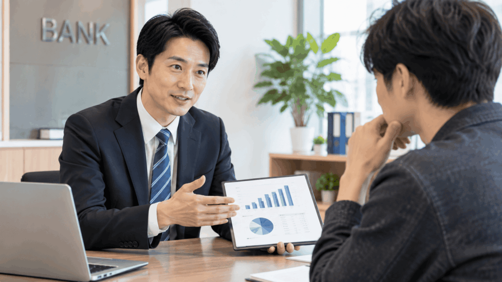 銀行で事業融資について相談する個人事業主