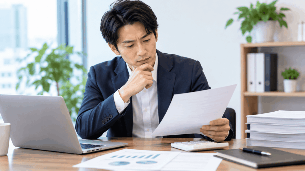 事業計画書を確認しながら融資を検討するコンサルタント