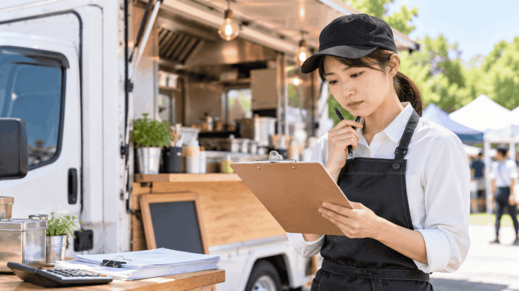キッチンカーの前で出店資料を確認する女性スタッフ