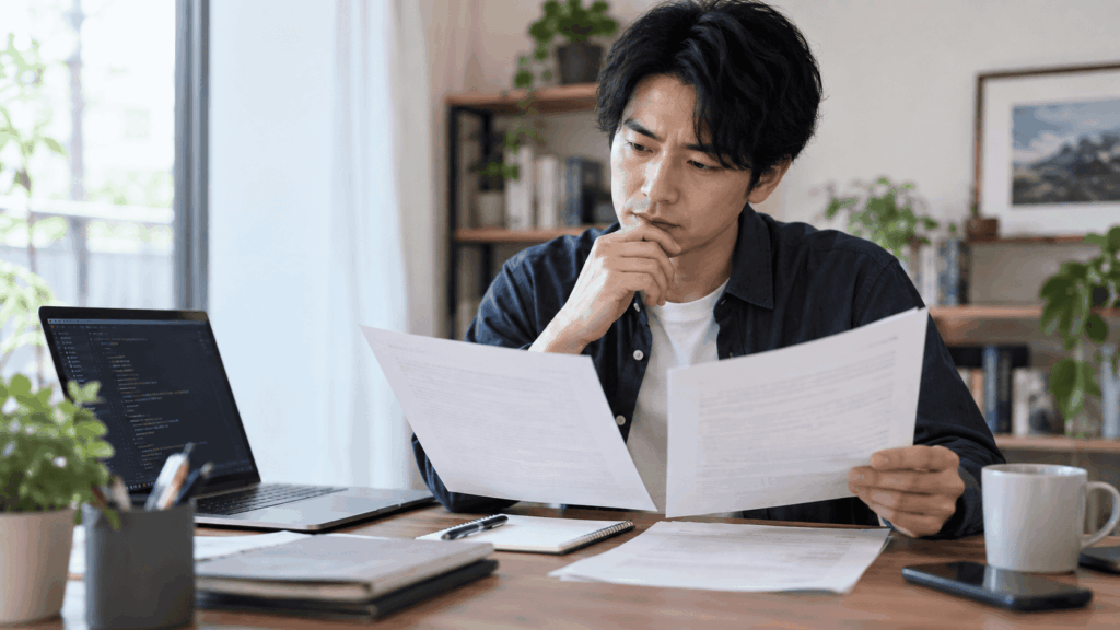 コード画面のそばで税務書類を確認するフリーランスエンジニア