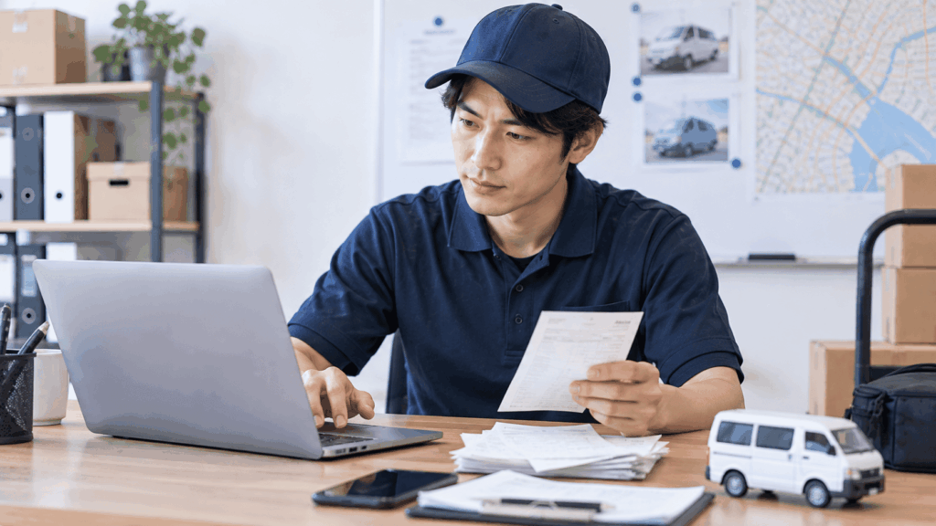 領収書を確認しながら会計ソフトを使う軽貨物ドライバー