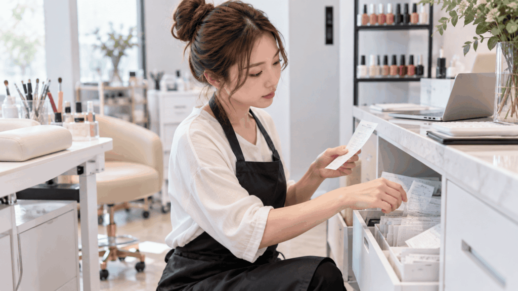 ネイル用品と領収書を整理するネイリスト