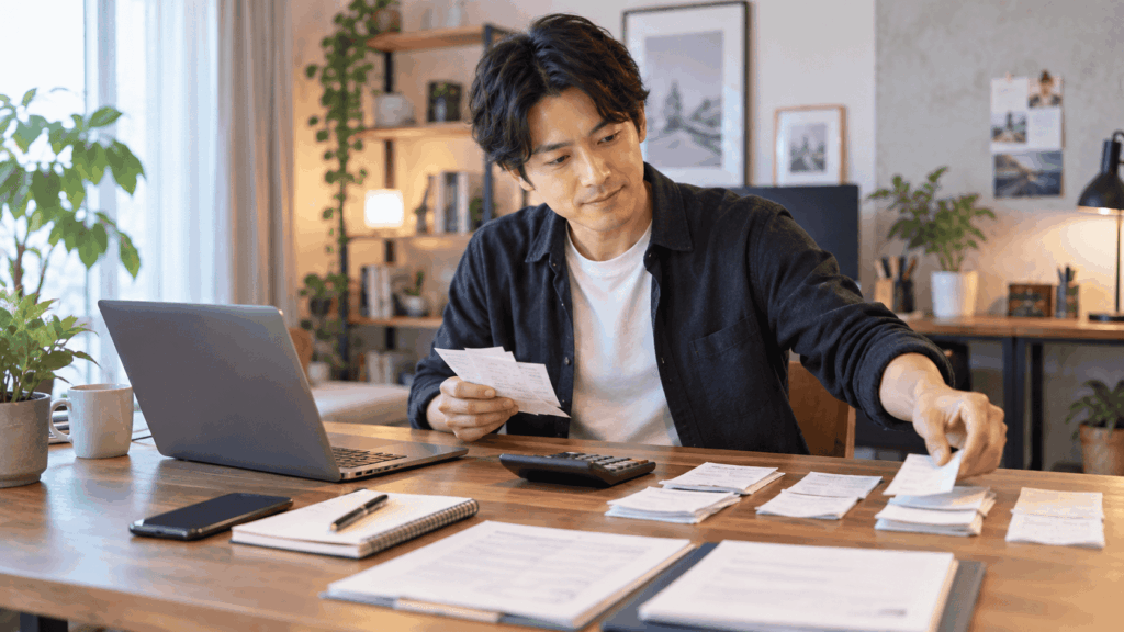 領収書を分類しながら確定申告を準備するWebデザイナー