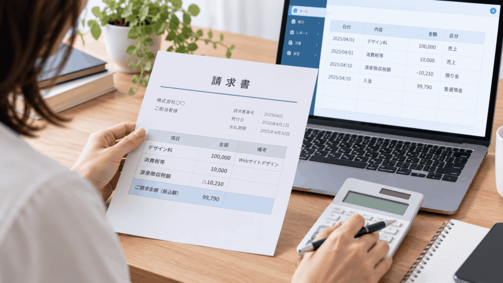 請求書と会計画面を見ながら源泉徴収額を計算する様子
